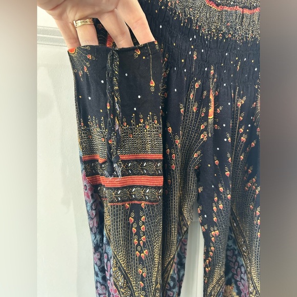 Women"s Pull On Harem Pants Sz S Peacock Boho Hippie Yoga Smocked Stretch Waist - Picture 4 of 8